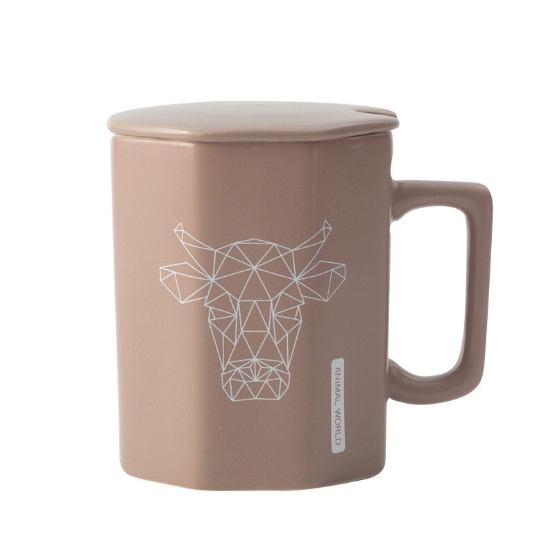 Unique Polygonal ceramic Mug with lid spoon,Male female office mugs couple cups Cartoon cute tea mug Drinkware cup: 01
