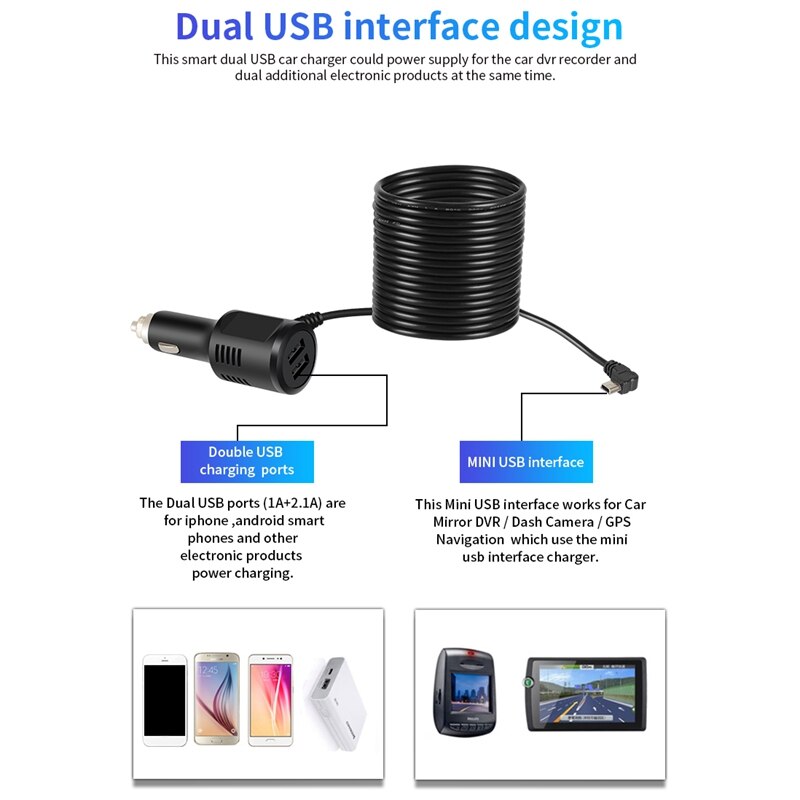 3.5m 5v 3.5a gebogen mini usb autolader met 2 usb poorten voor auto dvr camera gps video recorder ingang  dc12v-36v