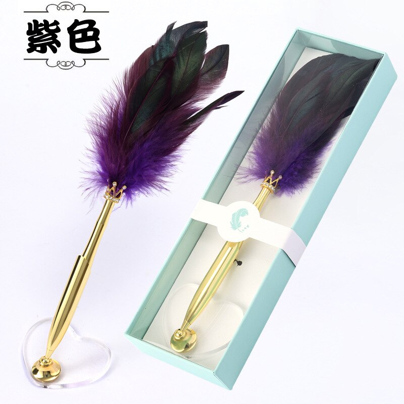 Pen Feather Quill Pen Ballpoint Pen Student Desk Pen With Pen Holder: Purple