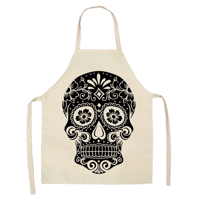 1Pc Skull Pattern Kitchen Chef Apron for Cooking Sleeveless Cotton Linen Aprons Adult Bibs Home Cleaning Accessories 53*65cm: A