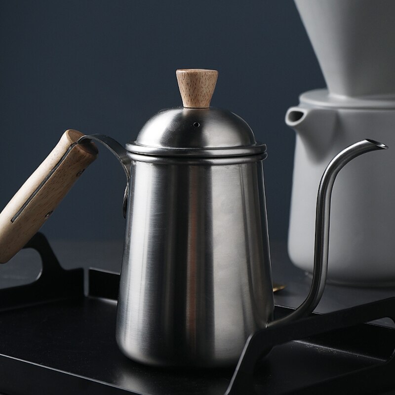 De café de acero inoxidable goteo de agua Delgado Caño erogación café Pour café de mango de madera leche Moka tetera proveedor