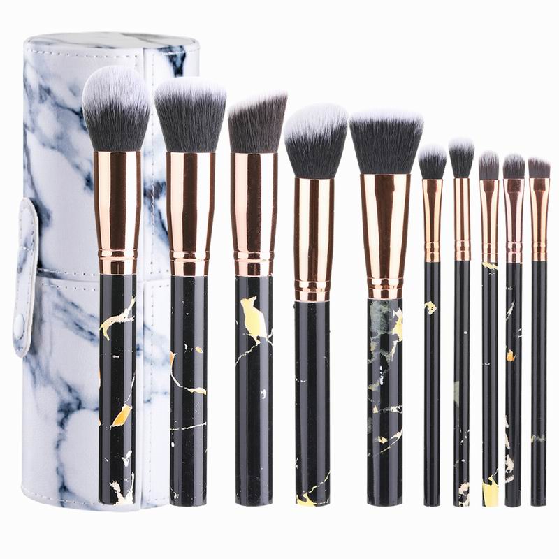 10 stk marmor makeup børster sett myk foundation pudder øyenskygge børste skjønnhet marmor makeup verktøy med sylinder: Svart med sylinder