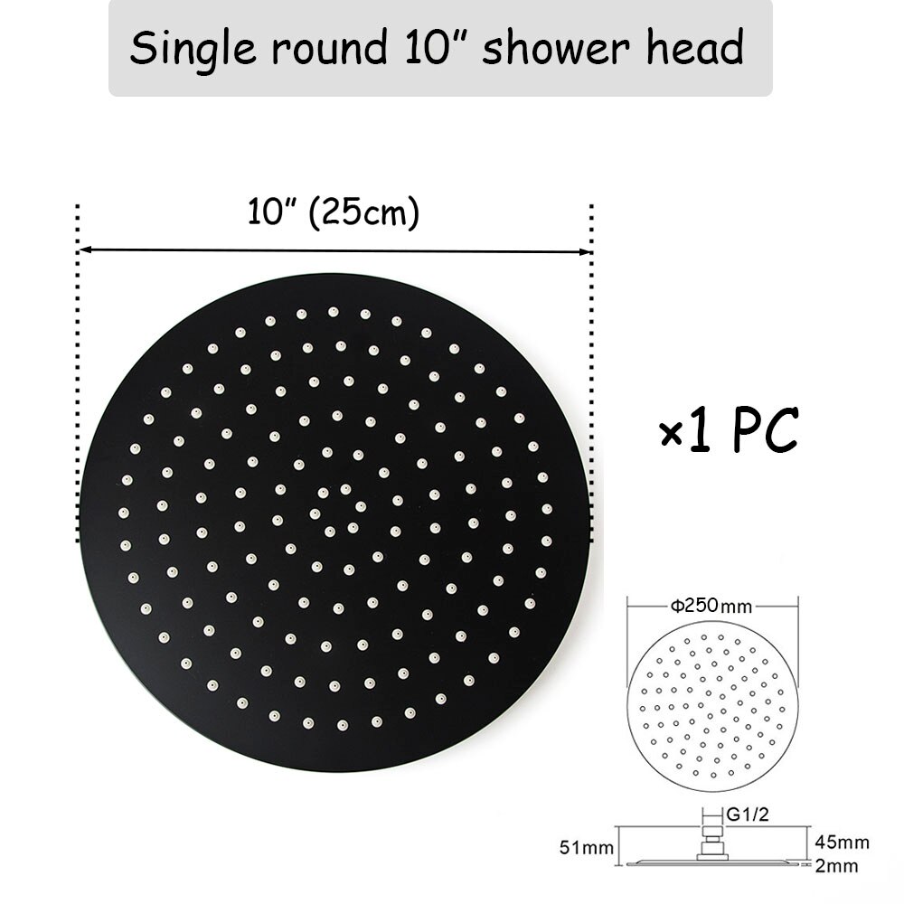 Black Round and Square Rain Shower Head Ultrathin 2 mm 8 10 12 Inch Choice Bathroom Wall & Ceiling Mounted Shower Arm: Round 10 inch