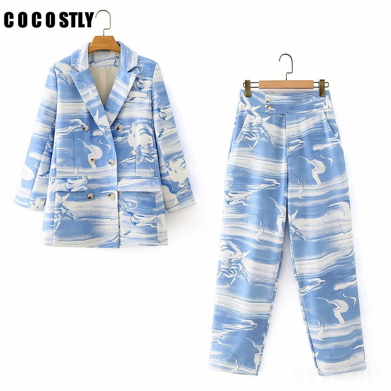 Herfst Vrouwen Blazers Broek Pak Print Notched Double Breasted Blazer Jacket & Pant Office Wear 2 Delige Set Vrouwen suits