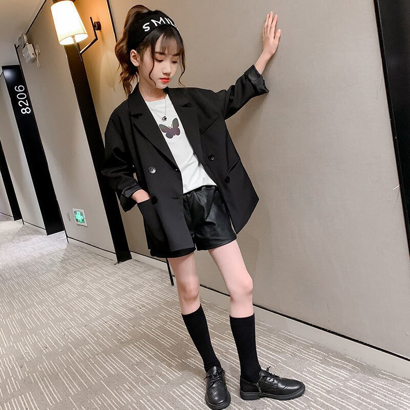 4-14 años chaqueta para niños y niñas blazer negro, otoño de los niños prendas de vestir ropa para 12 años chica adolescente traje de la ropa de los niños