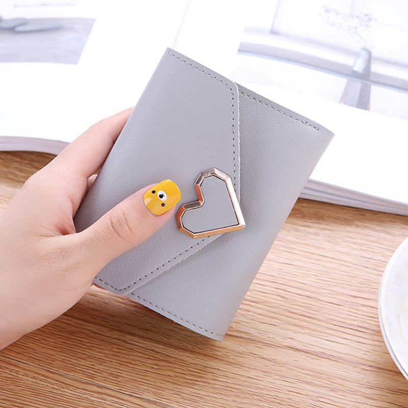 Women Wallets PU Leather Vintage Small Fresh Metal Heart-Shaped Lady Student Short Purse Women Small Simple Wallet: Gray
