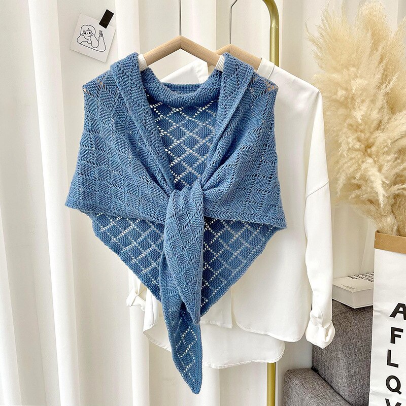 Knitted Small Shawl Women Wear Spring and Autumn Thin Hollow Shawl,Sunscreen and Warm Pure Color Triangular Shawl: blue