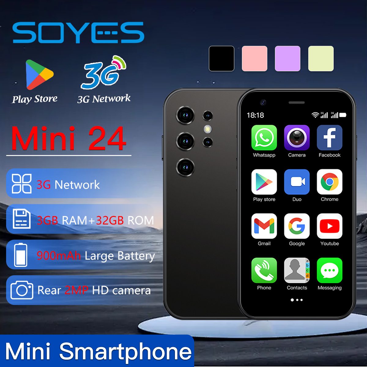 Soyes mini 24 3.0 Polegada smartphone de tela pequena 32gb de armazenamento android 8.1 sistema puro suporte play store duplo sim dupla espera
