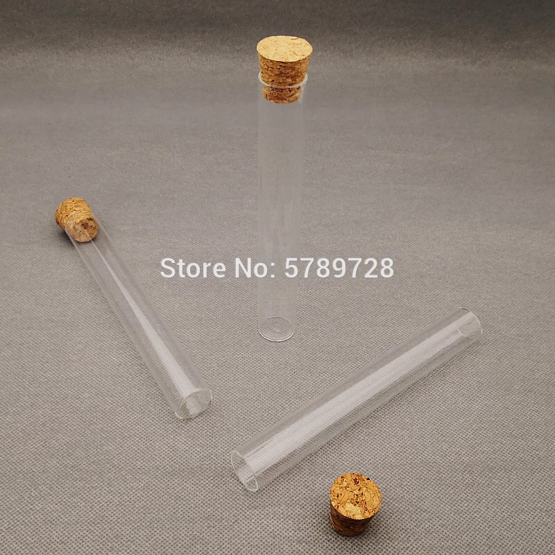 50 unids/lote 20x150mm Tubo de ensayo de fondo plano de vidrio transparente con tapón de corcho, recipiente de reacción de vidrio engrosado de laboratorio con boca plana