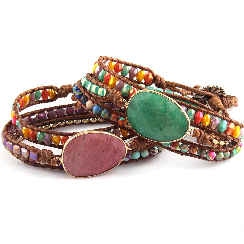 RH Beaded Armbander Green/Purple Natural Stones Charm 3 Strands Leather Wrap Bracelets