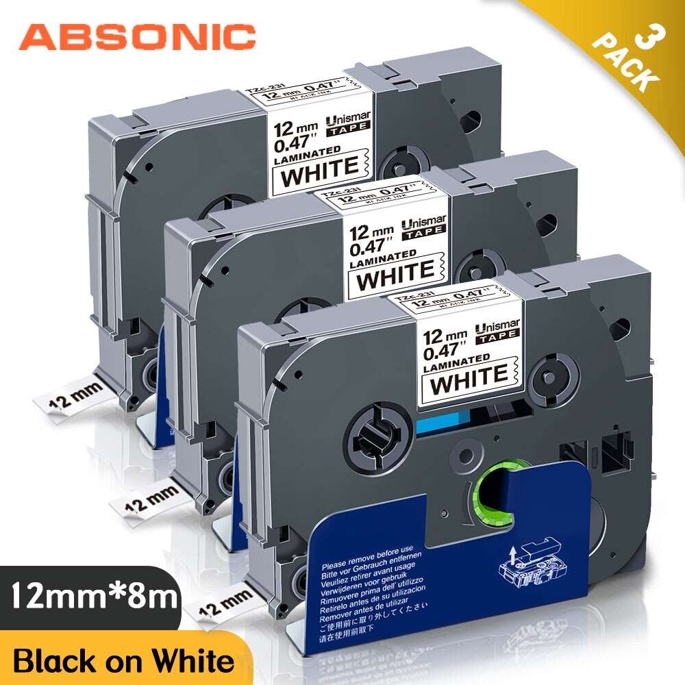 Absonic 10PCS 12mm for Brother tze-631 tze 631 tze631 Laminated Label Tape Tze 231 Tze-231 Use for Brother P touch Label Maker: 3PK Black on White