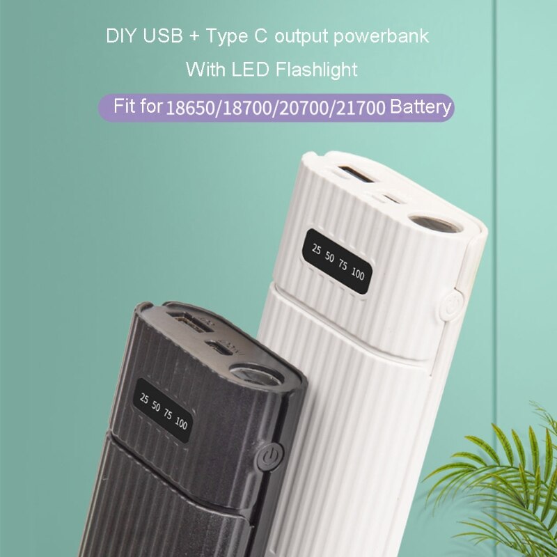 18650 21700 Batterij Power Bank Diy Case Met QC3.0 Usb + Type C Pd Output Batterij Shell Met Led zaklamp Diy Power Case