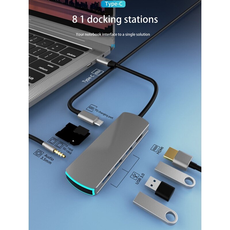 8 In 1 Dock Hdmi-Compatibel Gigabit Ethernet Pd Kabel RJ45 Usb Hub Converter Voor Macbookpro Accessoires