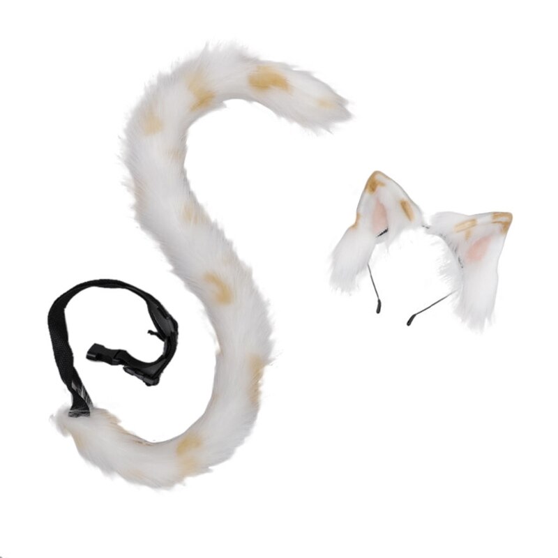 Lolita Headbands Furry Cat Ears Headwear Cow Pattern Tail Set Hair Hoop for Halloween Cosplay Headpiece Party Supplies S24 21