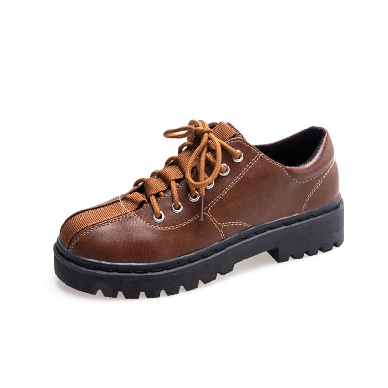 Patchwork cross-tied round toe oxfords creepers muffin british shoes women sewing brand flats all match leather footwear