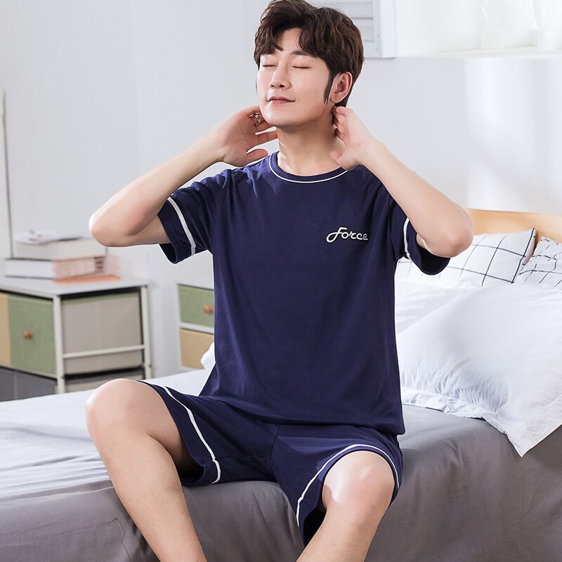 Pyjama Männer 4XL Sommer Dunkelblau Freizeit Zeit verlieren Reine Baumwolle Kurzarm kurze Hose Jugendliche Routine Hause Tragen Einrichtung Dienen