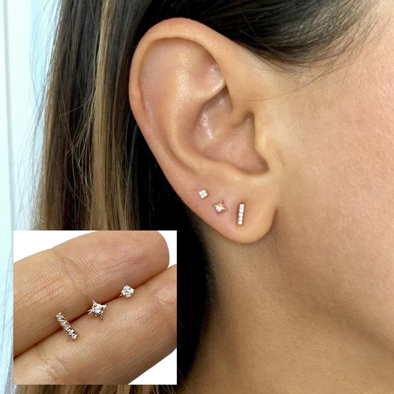 3 stk/sæt 100% 925 sterling sølv cz stud små mini koreanske øreringe til kvinder øreben piger fest sølv guld smykker  a30