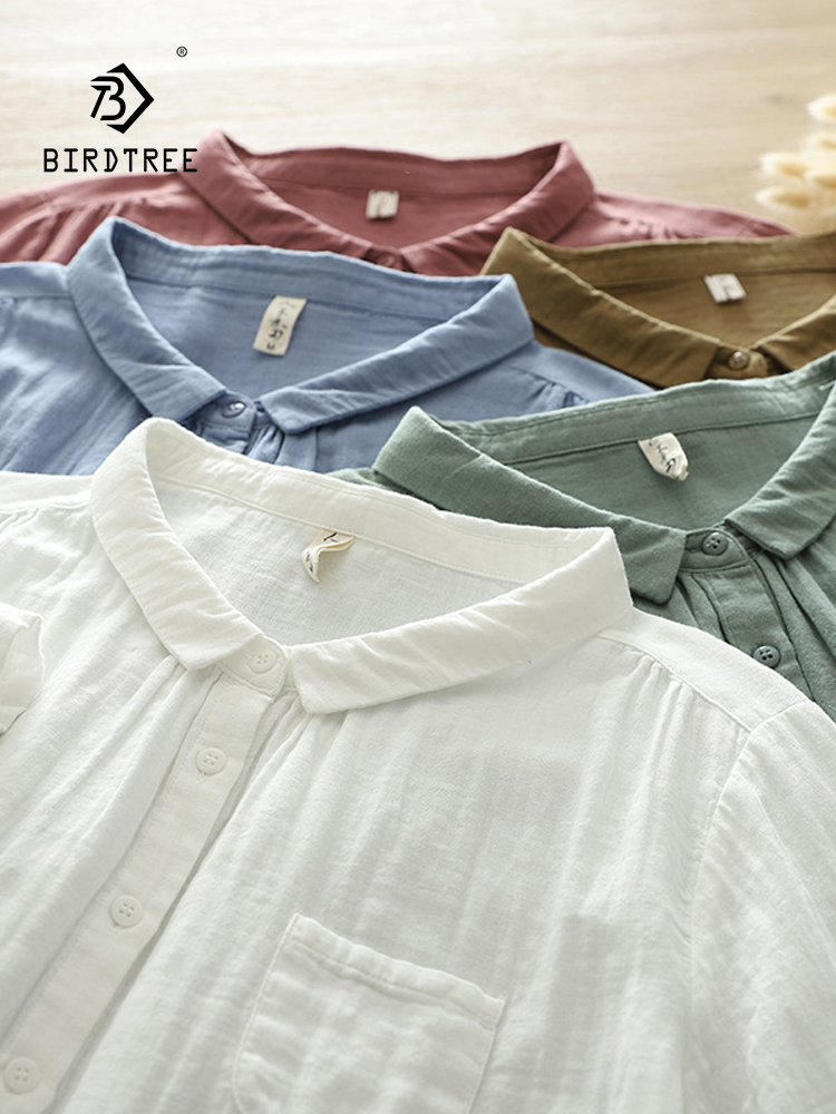 Neue Frühling Baumwolle Garn solide verlieren Hemd Frauen Revers Kurzarm oben Mädchen retro ol Pendel blusen 2024 Sommer t45449qc