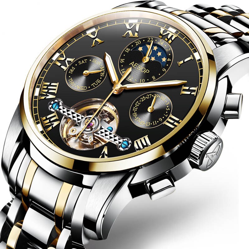 Aesop Automatische Mechanische Horloge Mannen Luxe Heren Horloges Polshorloge Waterdichte Skeleton Mannelijke Klok Mannen Relogio Masculino: Black gold silver B