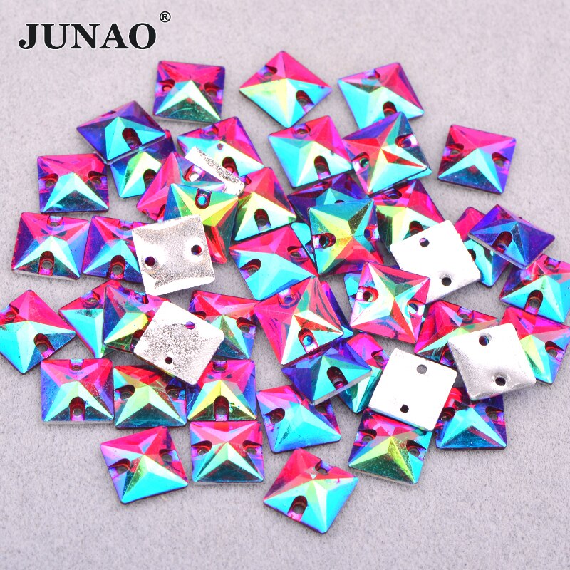 JUNAO 100pc 10mm Naaien Crystal AB Vierkante Strass Applique Plaksteen Resin Crystal Stones Naai Op Strass voor Kleding ambachten