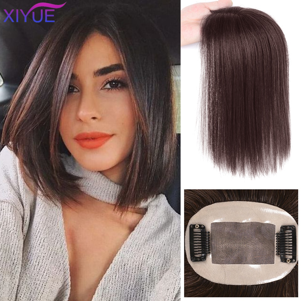 XIYUE Center frange haut cheveux pièces avec frange fait à la main demi-tête perruque droite naturel Invisible remplacement synthétique cheveux pièce