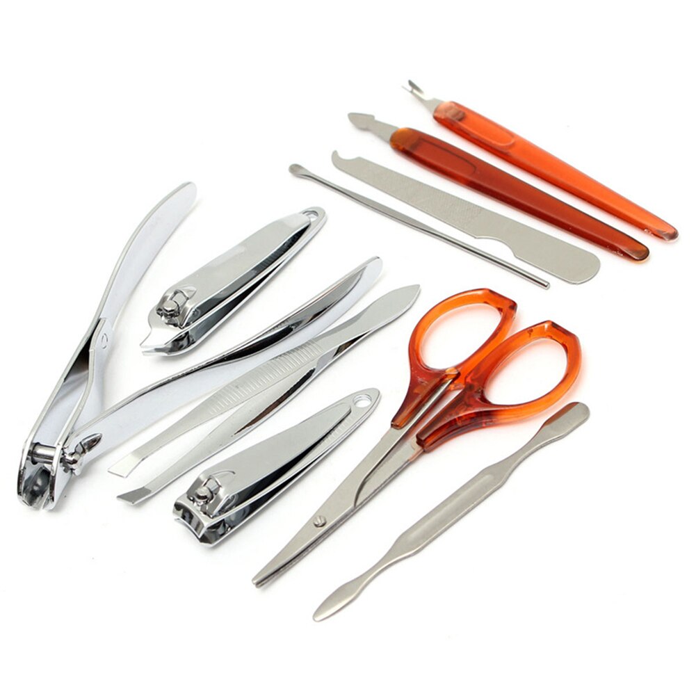 10Pcs Professionele Manicure Set Rvs Nail Clipper Kit Pedicure Scissor Tweezer Oor Pick Nail Care Grooming Tool Sets