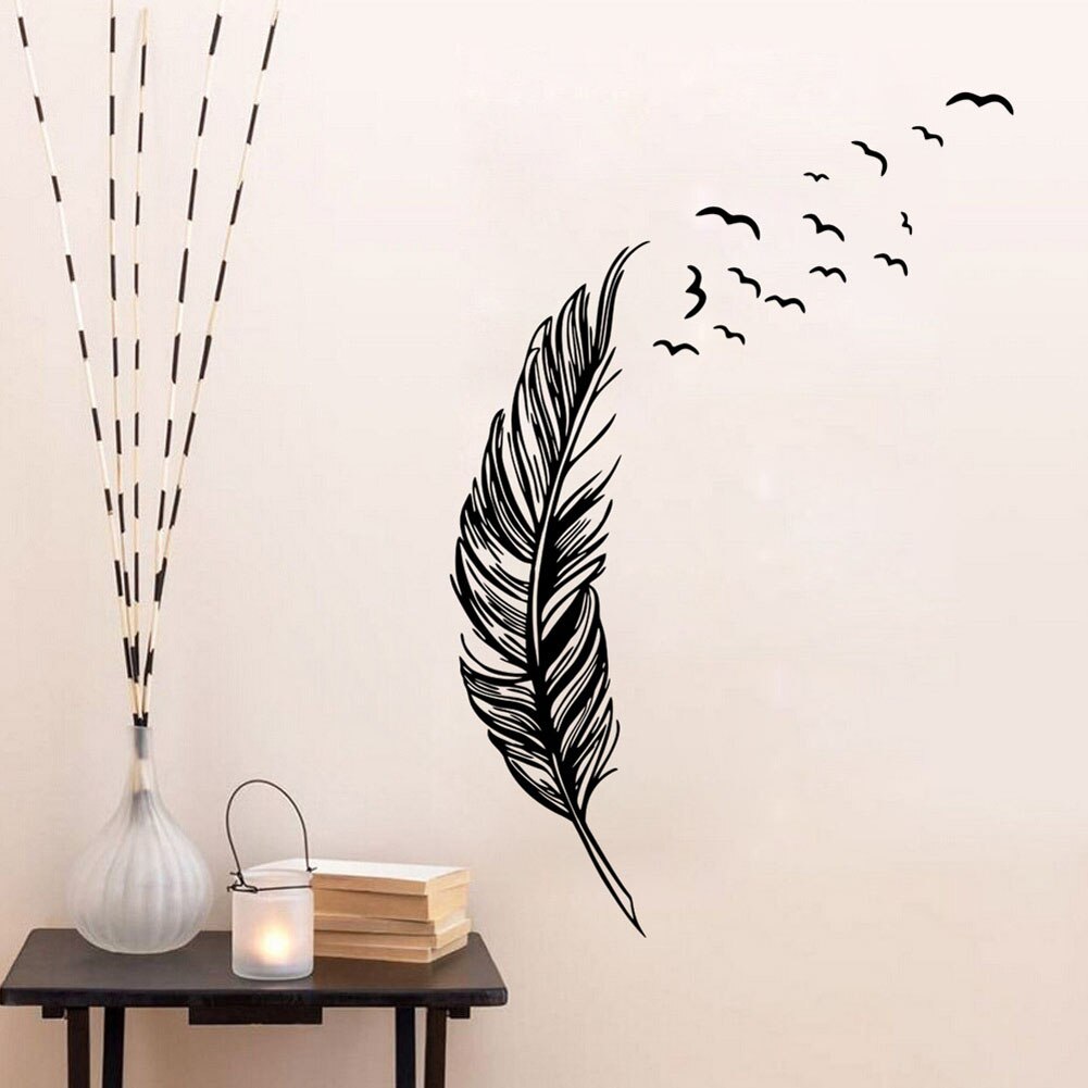 Sort fjer mønstre wallsticker vandtæt aftagelig vinyl fugle flyvende fjer soveværelse hjem mærkat vægmaleri kunst dekoration