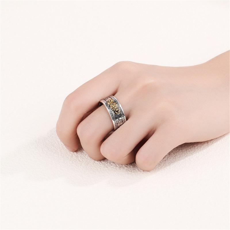 Feng Shui Pixiu Mani Mantra Wealth Ring Lucky Retro Silver Male