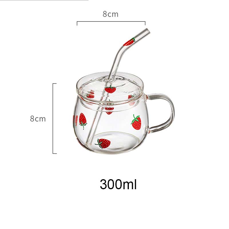 Nordic strawberry glass cup transparent milk cup juice water drinking cup hemmakontor värmebeständig kaffemugg med sugrör: 300ml med sugrör