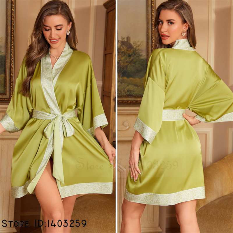 Chinese Stijl Print Badjas Nachtkleding Zomer Ijs Zijde Kimono Badjas Loungewear Casual Dames Kamerjas Nachtkleding: YELLOW