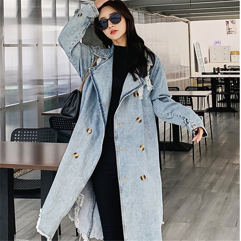 Vintage Denim Trench Coat Women Classic Double Breasted Hole Long Windbreaker Female Spring Street Loose Denim Coat