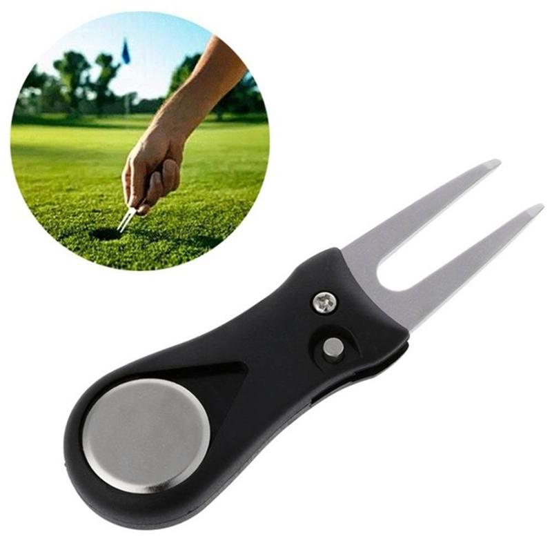 1pc Golf Spring Fork Golf Accessories Steel Repairing Turf Tool Switchblade Pitch Groove Cleaner Golf Pitchfork With Marker