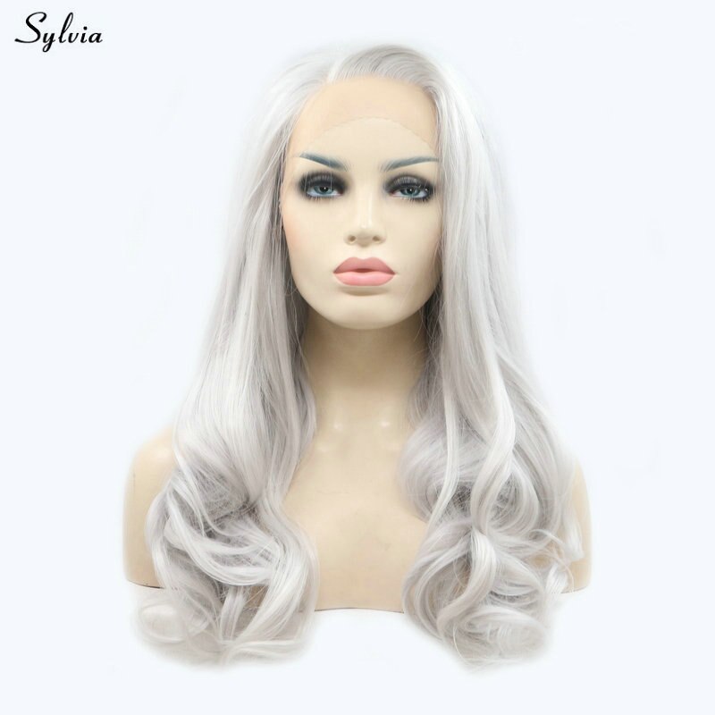 Sylvia Silver Gray Wig Body Wave Natural Long Hair Synthetic Lace Front Wigs for Women Girls Replacement Platinum/Light Grey Wig