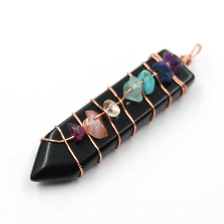 Reiki Handmade Wrap Pendulum 7 wisiorki czakry uzdrawiający kryształ naturalny klejnot kamień ametysty lazuryt Point miecz wisiorki: 7 Black Agate