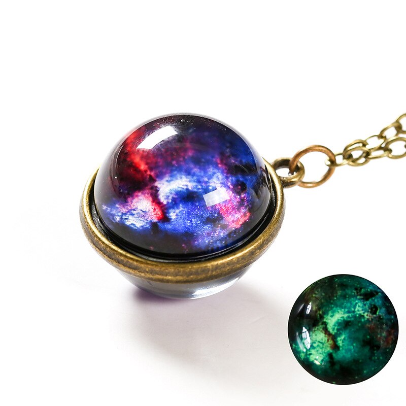 Handmade Universe Star Ball Pendant Necklace Double Sided Glass Ball Glowing Pendant Gold Chain Luminous Planet Jewelry Unisex: style 1