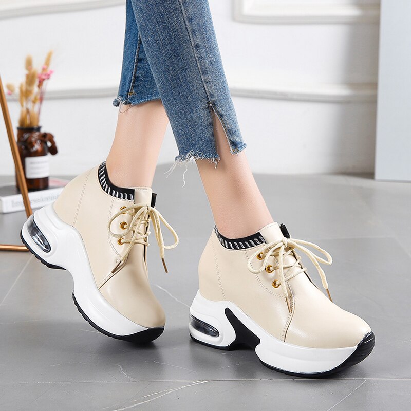 Platform Sneakers Zwart Verborgen Sleehak Casual Schoenen Voorjaar Vrouwen Lift High-Hakken Laarzen Vrouwen Sneakers 8 Cm hakken: beige / 8