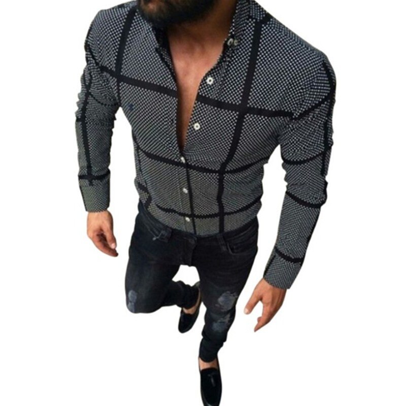 Mens Long Sleeve Shirts Printed Paid Shirt Button Smart Formal Plain Dress Top Casual Slim Fit Men's Clothing