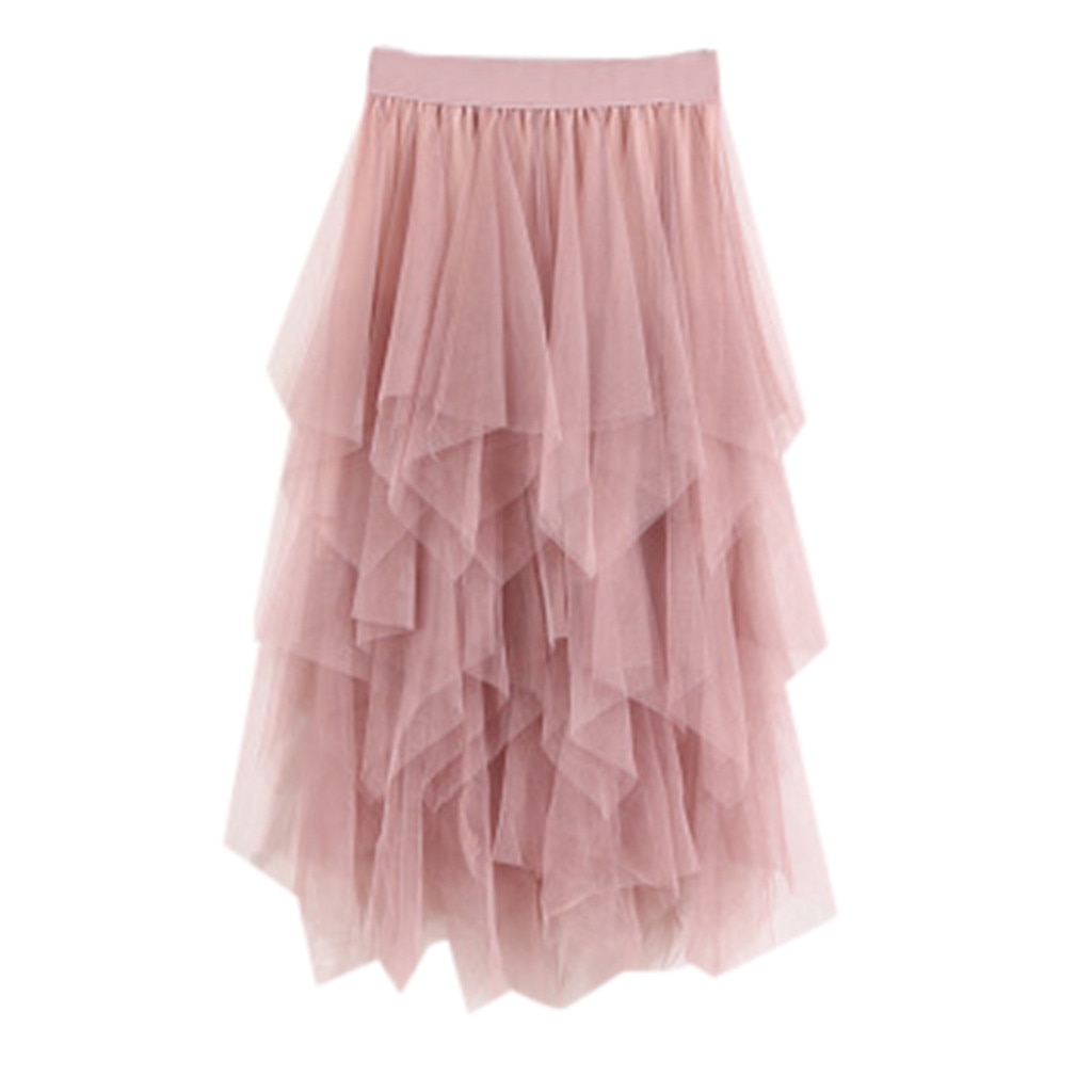 Women irregular Tulle Skirts Elastic High Waist Mesh Tutu Skirt Pleated Long Skirts Midi Skirt Saias Faldas Jupe Femmle*: E