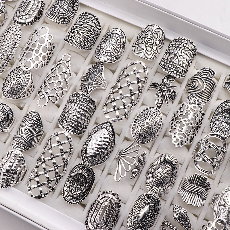 20 pcs/Lots mélange Style Vintage sculpté fleur argent plaqué bijoux anneaux pour les femmes taille 17mm à 21mm