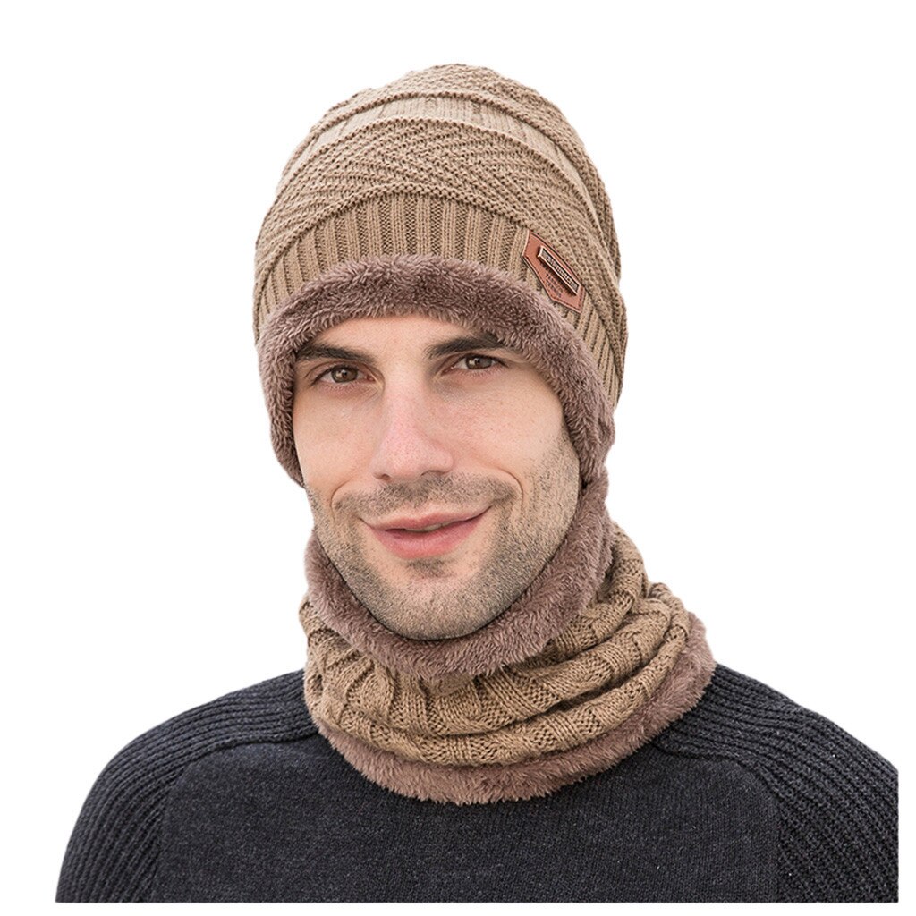Mænds vinter hat krave sæt plus fløjl tyk strik hat og lyddæmper efterår og vinter varm tykkere tørklæder tørklæde tilbehør: Khaki