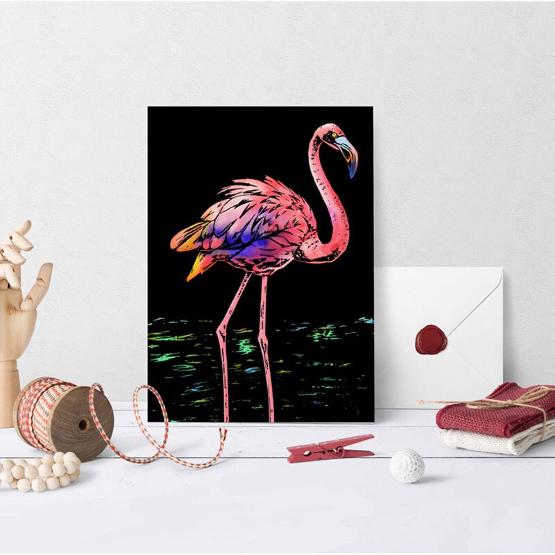 4 st / set  a4 diy manuell skrapmålning färgglada realistiska tecknade djur lejon varg flamingo nattvy repteckning leksaker