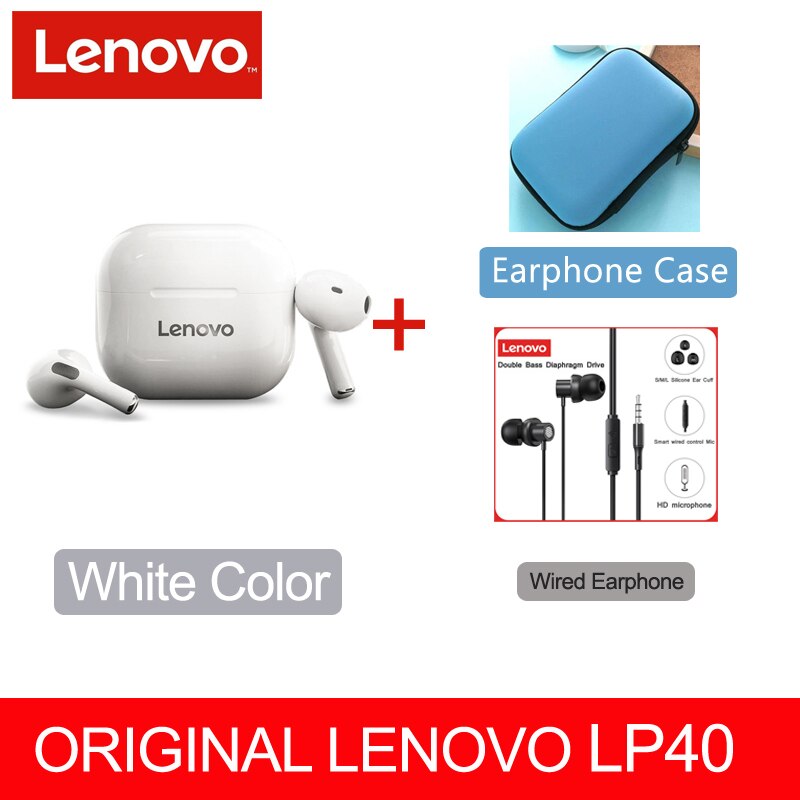 Original Lenovo LP40 TWS auricular Bluetooth inalámbrico verdadero 5,0 estéreo bajo con micrófono de manos libres auriculares AI Control IPX5 impermeable: LP40 White TW13 Case