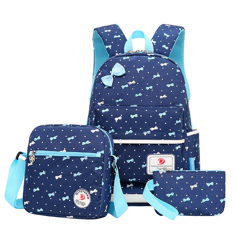 3 Pecs/Set Mode Boog Gedrukt Orthopedische School Tassen Voor Tienermeisjes Schooltas Voor Primaire Student Zoete En Leuke rugzak: blue