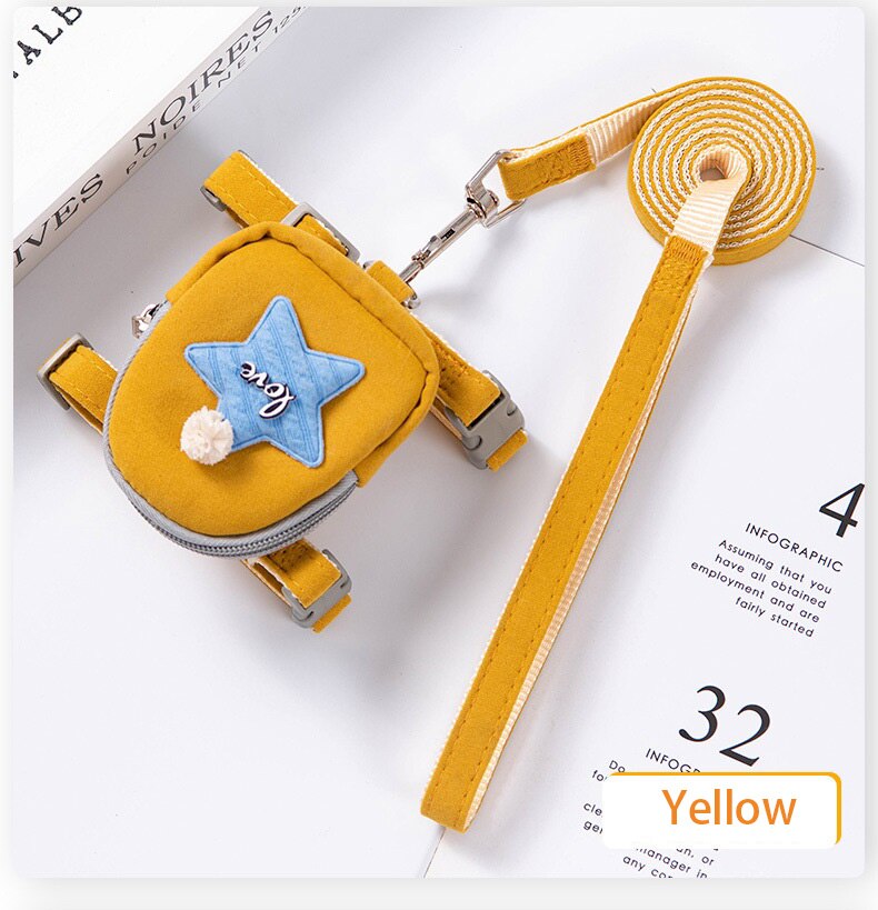 Halsband Leash Set Verstelbare Puppy Harnas Huisdier Harnas Voor Kat En Hond Zachte Halsbanden &amp; Leads Met Leuke rugzak: yellow / M