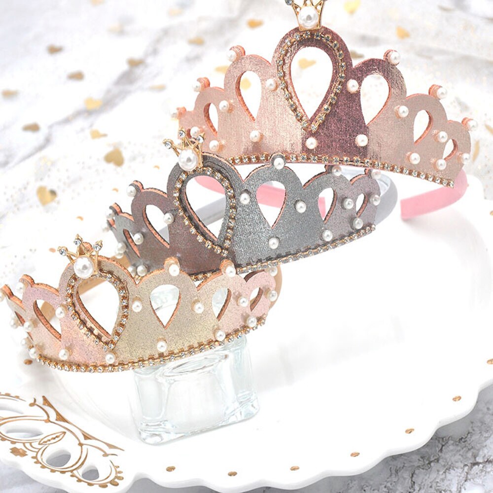Prinses Meisjes Crown Glitter Haar Hoepel Kinderen Hoofddeksels Party Zoete Strass Parel Hoofdband Effen Kleur Handgemaakte Accessoires