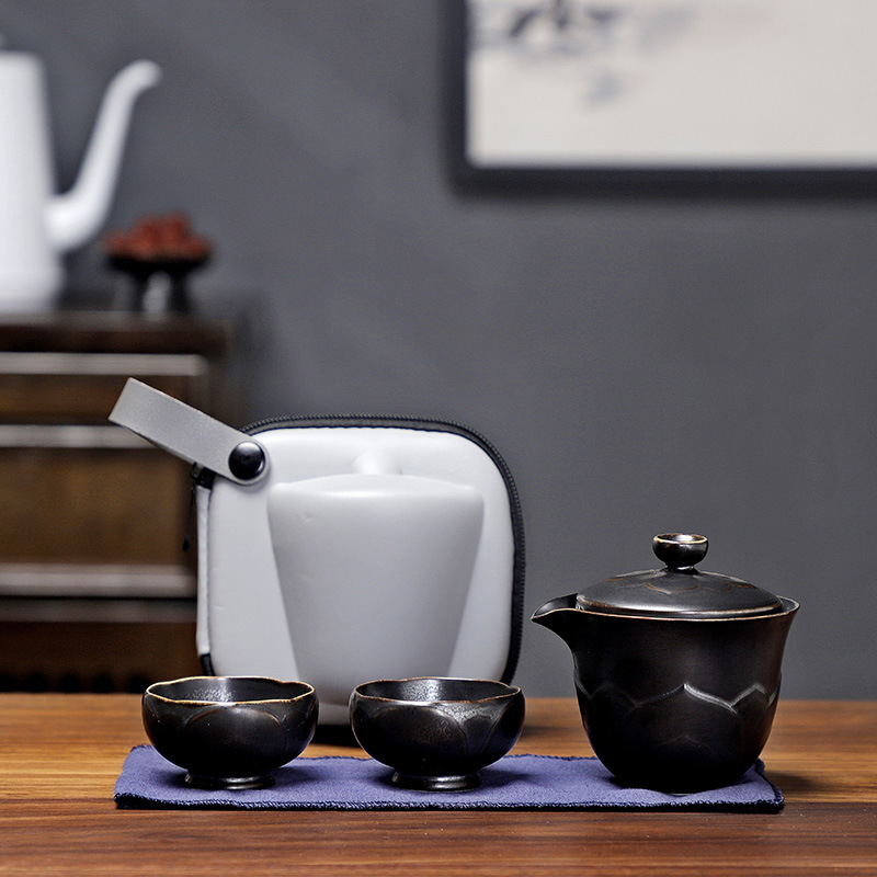 White Chinese Teaware Travel Tea Set Portable Outdoor Office Tea Plate Ceramic Flower Kung Fu Teaset Business Cool: black