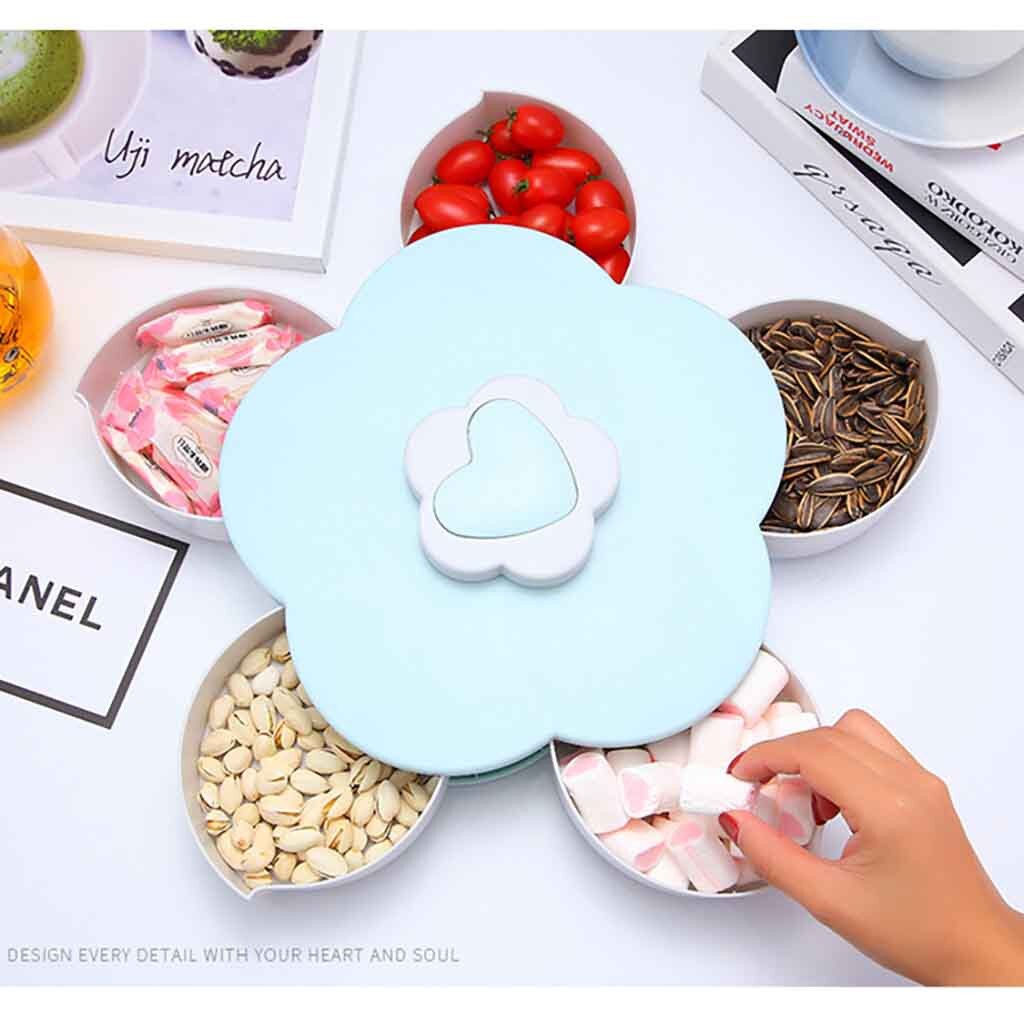 Bloom Rotating Petal Candy Box Snack Tray Case Nut Storage Box Rotation Dried Fruit Fruit Plate Wedding Home #T2G: Blue 