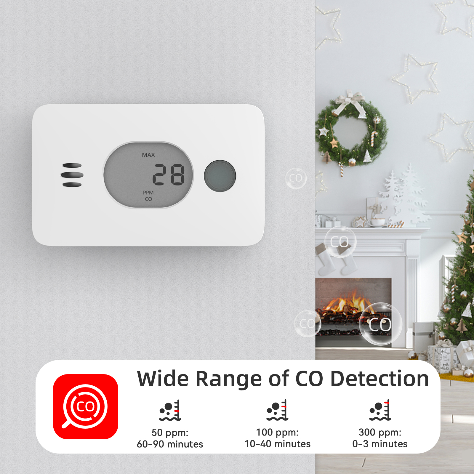 3-in-1 koolmonoxidedetector met temperatuur en vochtigheid Digitaal scherm Draadloze CO-detector Home Security Protection CO-alarm