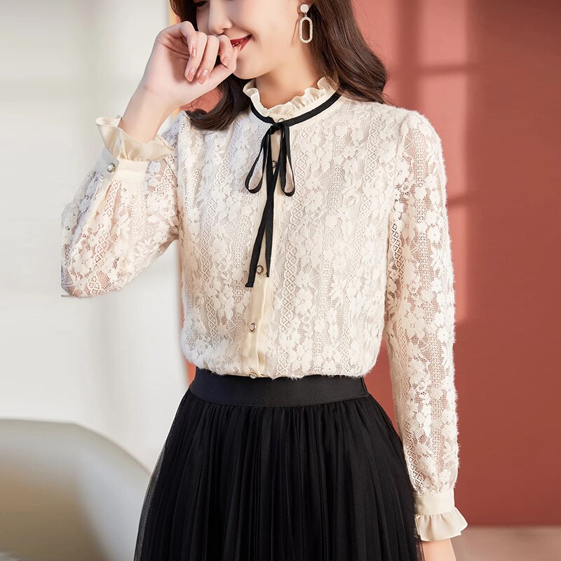 MIUXIMAO-Blusa de encaje de manga larga con cuello levantado para mujer, ropa de primavera, estilo de oficina, 2022