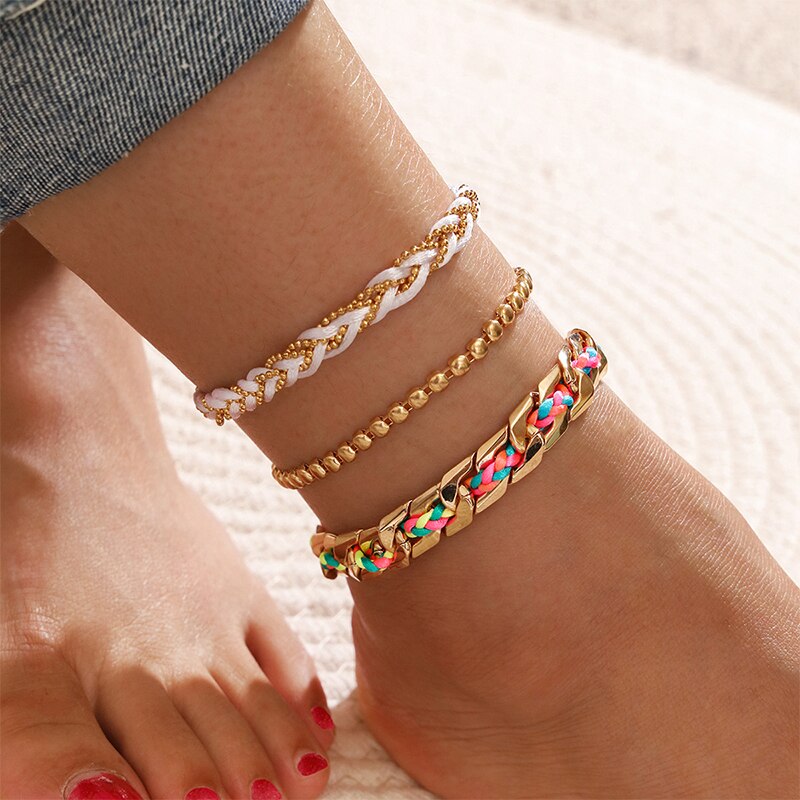 3 Pcs/Set Women Colorful Braided Leather Anklets Set By Chain Gold Bead Multilayer Adjustable Anklet for Women Beach Jewelry: Default Title